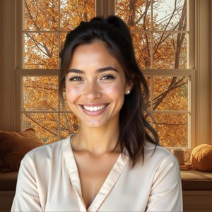 May include: A smiling person in a light-colored top, with a window and fall foliage in the background. The person is positioned in front of a window seat with a pillow and a decorative pumpkin. The window frames a view of trees with orange and yellow leaves.
