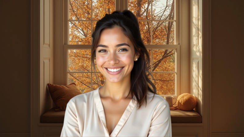 May include: A smiling person in a light-colored top, with a window and fall foliage in the background. The person is positioned in front of a window seat with a pillow and a decorative pumpkin. The window frames a view of trees with orange and yellow leaves.