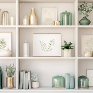 May include: A white shelving unit displaying a collection of decorative items. The shelves feature framed botanical prints, vases in different shapes and colours, small potted plants, and stacks of books. The colour scheme includes green, gold, and neutral tones.
