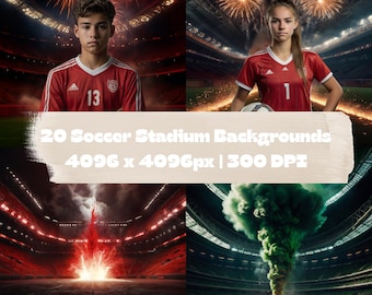 20 Soccer Stadium Digital Backdrops with Field Lights and Fog Sports Photography Backgrounds for Posters Photoshop Templates Neon Light JPG