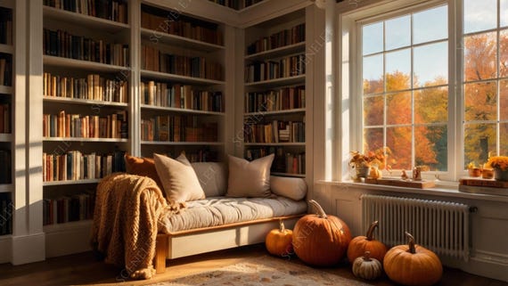 10 Cozy Autumn Home Office Zoom Virtual Backgrounds Scenic Fall Window & Bookshelf Backdrop for Teams Meetings Work From Home Cabin Backdrop