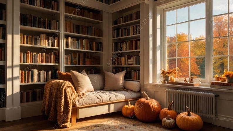 May include: A cozy reading nook with a window view of fall foliage. The room features built-in bookshelves filled with books, a small sofa with pillows and a blanket, and several pumpkins. The warm lighting creates a welcoming atmosphere.