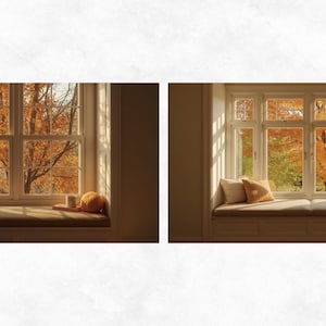 May include: Two window seats with views of fall foliage. Each window seat has a cushion and pillows. One window seat has a small tray with a mug and a pumpkin. The other window seat has a small stack of books.