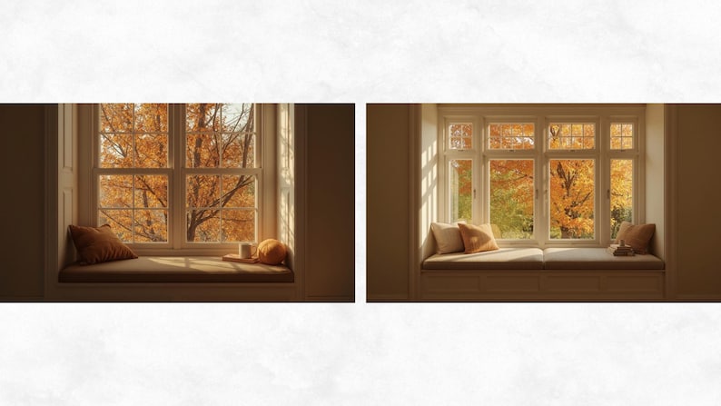 May include: Two window seats with views of fall foliage. Each window seat has a cushion and pillows. One window seat has a small tray with a mug and a pumpkin. The other window seat has a small stack of books.