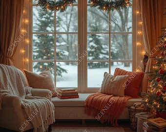 Cozy Winter Christmas Window Zoom Background Realistic Holiday Home Office Backdrop for Zoom & Teams Virtual Meeting Digital Download JPG