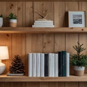 Könnte beinhalten: Holzregal mit verschiedenen dekorativen Gegenständen. Enthält Topfpflanzen, gerahmte Bilder, Bücher, eine Lampe, einen Tannenzapfen und eine Vase. Die Regale sind aus hellem Holz gefertigt und schaffen eine warme Ästhetik.