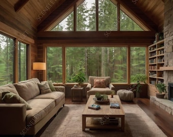 Cozy Nature Cabin Zoom Virtual Background Realistic Home Office with Plants Professional Backdrop for Zoom, Teams, Skype, Google Meet JPG
