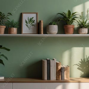 Neutral Sage Green Zoom Background with Plants & Bookshelf Virtual Office Backdrop for Professional Meetings, Zoom, MS Teams, Skype JPG