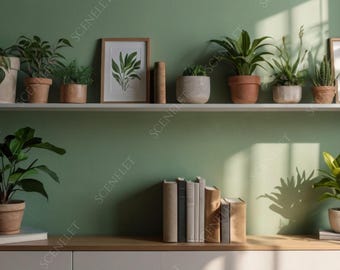 Neutral Sage Green Zoom Background with Plants & Bookshelf Virtual Office Backdrop for Professional Meetings, Zoom, MS Teams, Skype JPG