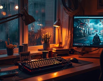 VTuber Twitch Stream Background, Animated Gaming Room, Neon City Skyline, Cozy Lofi Streamer Overlay, Zoom OBS (Digital Download)