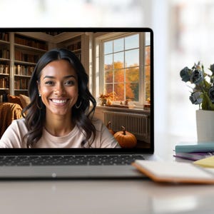 May include: A laptop displays a smiling woman with a blurred background of a library and autumn scenery. The laptop is on a white desk with a small plant, notebooks, and sticky notes. Text on the image reads: "INSTANT DOWNLOAD 300 DPI High Quality Free Blurred Included!"