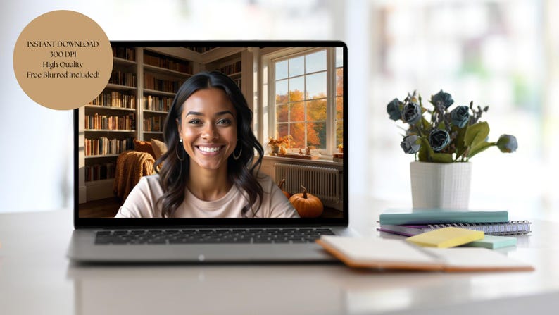 May include: A laptop displays a smiling woman with a blurred background of a library and autumn scenery. The laptop is on a white desk with a small plant, notebooks, and sticky notes. Text on the image reads: "INSTANT DOWNLOAD 300 DPI High Quality Free Blurred Included!"
