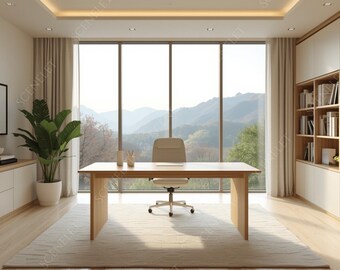 20 Minimalist Scenic Zoom Backgrounds, Virtual Office Backdrop, Lake & Mountain View, Realistic Home Office, 16:9 Digital Download JPG