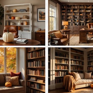 May include: A cozy autumn-themed interior featuring a home office and library. The image showcases a desk with pumpkins, a bookshelf, and a sofa with fall decor. The rooms are filled with natural light and warm colors.
