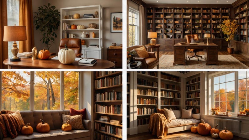 May include: A cozy autumn-themed interior featuring a home office and library. The image showcases a desk with pumpkins, a bookshelf, and a sofa with fall decor. The rooms are filled with natural light and warm colors.