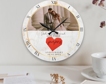Personalized 1st Wedding Anniversary Wall Clock, Paper Wedding Anniversary Modern Clock, Custom First Anniversary Gift for Husband Wife