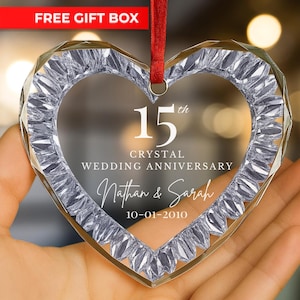 パーソナライズされた15周年記念ガラスオーナメント、15周年結婚ガラスギフト、両親、夫、妻へのクリスタル記念日ギフト、結婚15年目