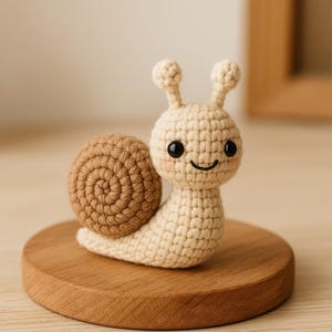 Puede incluir: Una figura de caracol de ganchillo con cuerpo beige, caparazón marrón y ojos negros. El caracol sonríe y está sentado sobre una base de madera redonda. Las antenas del caracol tienen pequeños detalles redondos.