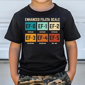 May include: Black t-shirt displaying the "Enhanced Fujita Scale" with EF-0 to EF-5 ratings and wind speeds in miles per hour. The shirt has a crew neck and short sleeves. The text is in a bold, sans-serif font.