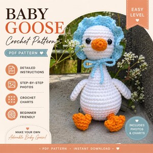 May include: A crocheted baby goose with a white body, orange feet and beak, and a blue bonnet and bow. The image includes text that reads "Baby Goose Crochet Pattern" and "Make your own Adorable Baby Goose!" The pattern is beginner friendly and includes photos and charts.