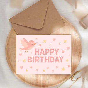 Tarjeta de cumpleaños de pájaro – Descarga digital – Tarjeta linda para niños – Diseño de pájaro rosa – Tarjeta de feliz cumpleaños – Tarjeta para ella – Tarjeta de animal pastel