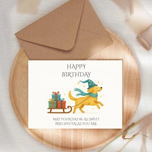 Tarjeta de cumpleaños de perro mágico - Descarga digital - Tarjeta de regalo - Tarjeta de animales - Diseño de fantasía - Tarjeta de cumpleaños - Tarjeta imprimible - Amantes de los perros