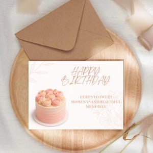 Tarjeta de pastel de cumpleaños - Descarga digital - Tarjeta de rosas - Tarjeta romántica - Diseño floral - Tarjeta para ella - Tarjeta de cumpleaños - Tarjeta elegante