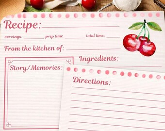 Cherry Recipe Cards Vintage Farmhouse Blank Double Sided Cottagecore Kitchen Set