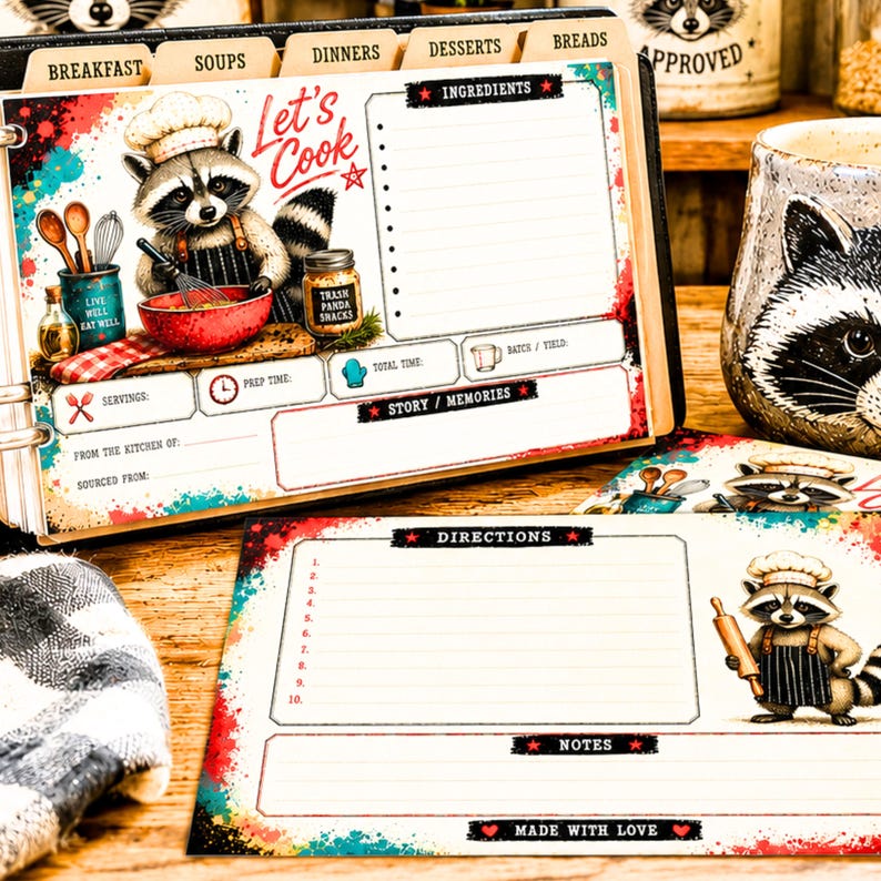 Trash Panda Recipe Cards Printable for Raccoon Kitchen Binder, 3x5 & 4x6 Digital Download image 2