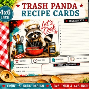May include: A rectangular recipe card measuring 4x6 inches featuring a raccoon wearing a chef hat, holding a whisk over a red bowl. The card includes sections for ingredients, servings, prep time, total time, batch yield, and story memories.