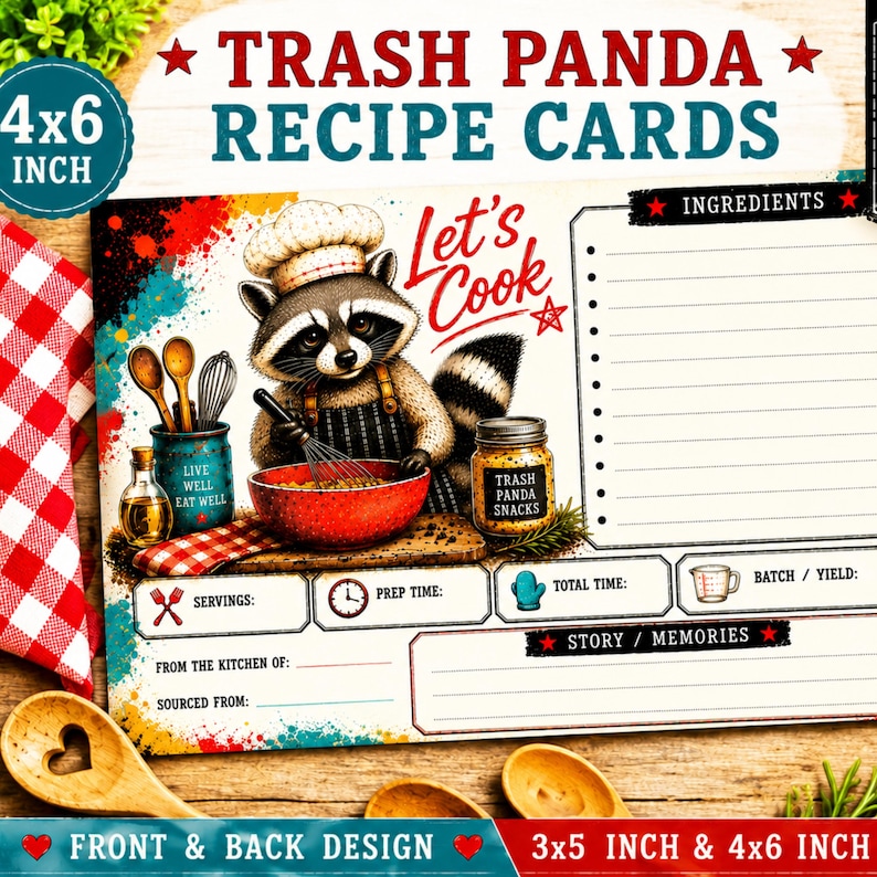 May include: A rectangular recipe card measuring 4x6 inches featuring a raccoon wearing a chef hat, holding a whisk over a red bowl. The card includes sections for ingredients, servings, prep time, total time, batch yield, and story memories.