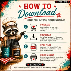 May include: An instructional graphic titled HOW TO DOWNLOAD with a raccoon wearing a chef hat pointing to four steps. The steps include icons for a shopping cart, download arrow, PDF file, and printer, with text explaining how to purchase and print files.