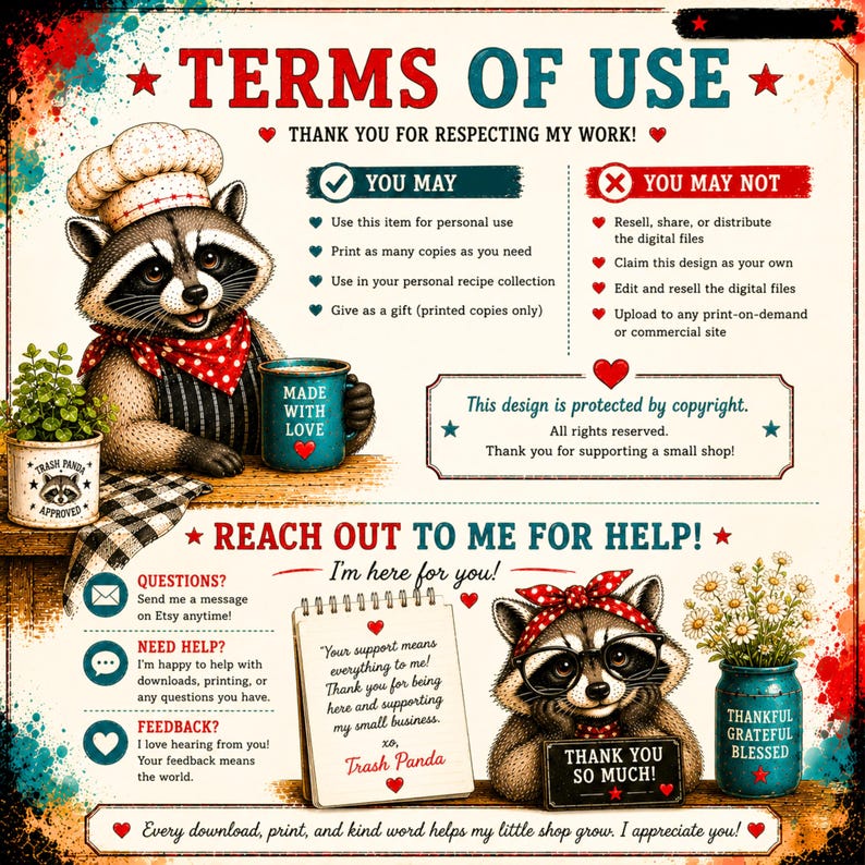 May include: A digital terms of use document featuring two illustrated raccoons. One wears a chef hat and holds a mug labeled Made With Love. The other wears a red headband and glasses. The text includes usage guidelines, contact info, and thank you notes.