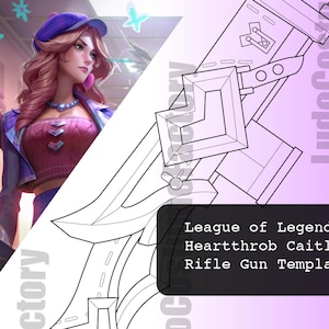 Peut inclure: Illustration d'une femme aux cheveux roses et chapeau violet, à côté d'un dessin au trait noir et blanc d'un modèle de fusil. Le texte sur le modèle indique "League of Legends Heartthrob Caitlyn Rifle Gun Template."