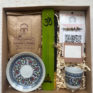 Kit rituale del caffè turco - Set di lettura della fortuna con incenso, tazza, carta delle intenzioni e guida QR / Scatola regalo spirituale