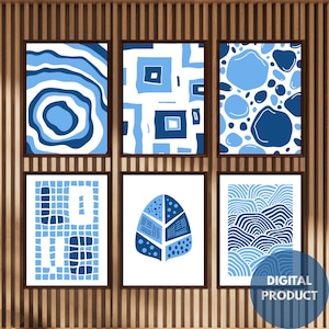 Blue Abstract Wall Art Set of 6 – Printable Digital Download, Modern Minimalist Decor for Living Room, Navy Wall Art Prints