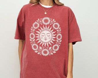 Vintage Boho Sun Shirt, Retro Celestial Sunflower Comfort Colors Tee, Astrology Hippie Yoga T-Shirt, Festival Top Gift