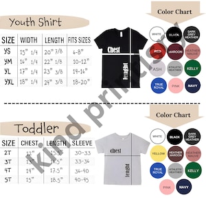 Op de afbeelding: Maattabel voor t-shirts voor kinderen en peuters, met borst-, lengte- en mouwmaten in inches. Kleurenschema's met opties zoals wit, zwart en marineblauw worden ook weergegeven. Maten in inches.