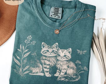 Cat Lover Best Friend Shirt, Two Kittens Botanical Tee, Comfort Colors Cottagecore Cat Mom Gift for Friends, Wildflower Kitten Top