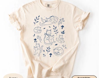Cottagecore Cat Reading Books Shirt, Comfort Colors Bookish Tee, Botanical Mushroom Book Lover Gift, Librarian Cat Mom Shirt