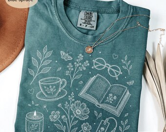 Cozy Bookish Botanical Shirt, Book Lover Gift, Wildflower Reading Tee, Cottagecore Books Tea Candle Comfort Colors Librarian Shirt