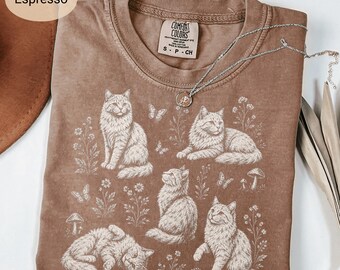 Cottagecore Cat Shirt, Vintage Fluffy Cats Botanical Tee, Comfort Colors Wildflower Mushroom Butterfly Cat Mom Gift, Cat Lover Top