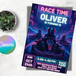 Neon Laser Go Kart Party Invitation | Racing Cars Birthday Invite | Customizable Kids Birthday Card | Printable Instant Download Template