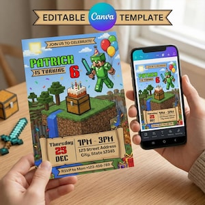 Video Game Birthday Invitation, Pixel Art Party Invite, Mining Block Theme, Boys Gamer Birthday, Editable Canva Template, Digital Download
