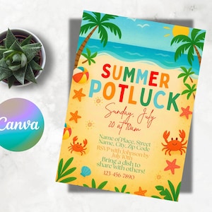 Op de afbeelding: Een kleurrijke uitnodiging voor een zomerse potluck, met illustraties met strandthema. Het ontwerp bevat palmbomen, een zonnige hemel en speelse afbeeldingen van krabben, zeesterren en strandballen. De tekst kondigt een potluck aan op zondag 20 juli om 10 uur.