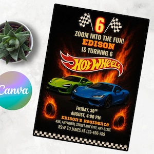 Invitación de cumpleaños editable de autos de carreras, plantilla de fiesta inspirada en Hot Wheels, invitación de cumpleaños de autos de carreras, diseño personalizable de Canva