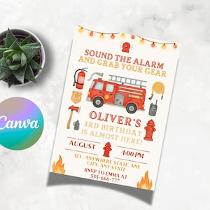 Peut inclure: Une invitation de style aquarelle pour le 3e anniversaire d'Oliver, avec un camion de pompiers rouge, du matériel de lutte contre l'incendie et le texte "Sound the Alarm and Grab Your Gear". L'invitation comprend la date, l'heure et les informations RSVP.