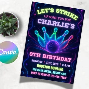 Modello modificabile per invito di compleanno a tema bowling, invito per festa di bowling al neon, inizia il divertimento, biglietto di auguri per la festa di bowling per ragazzi di Canva