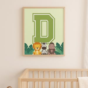 Impresión de la letra D de la jungla – Arte mural de safari para guardería – Descarga instantánea del alfabeto de animales para bebés – Decoración para habitación infantil – Impresión digital