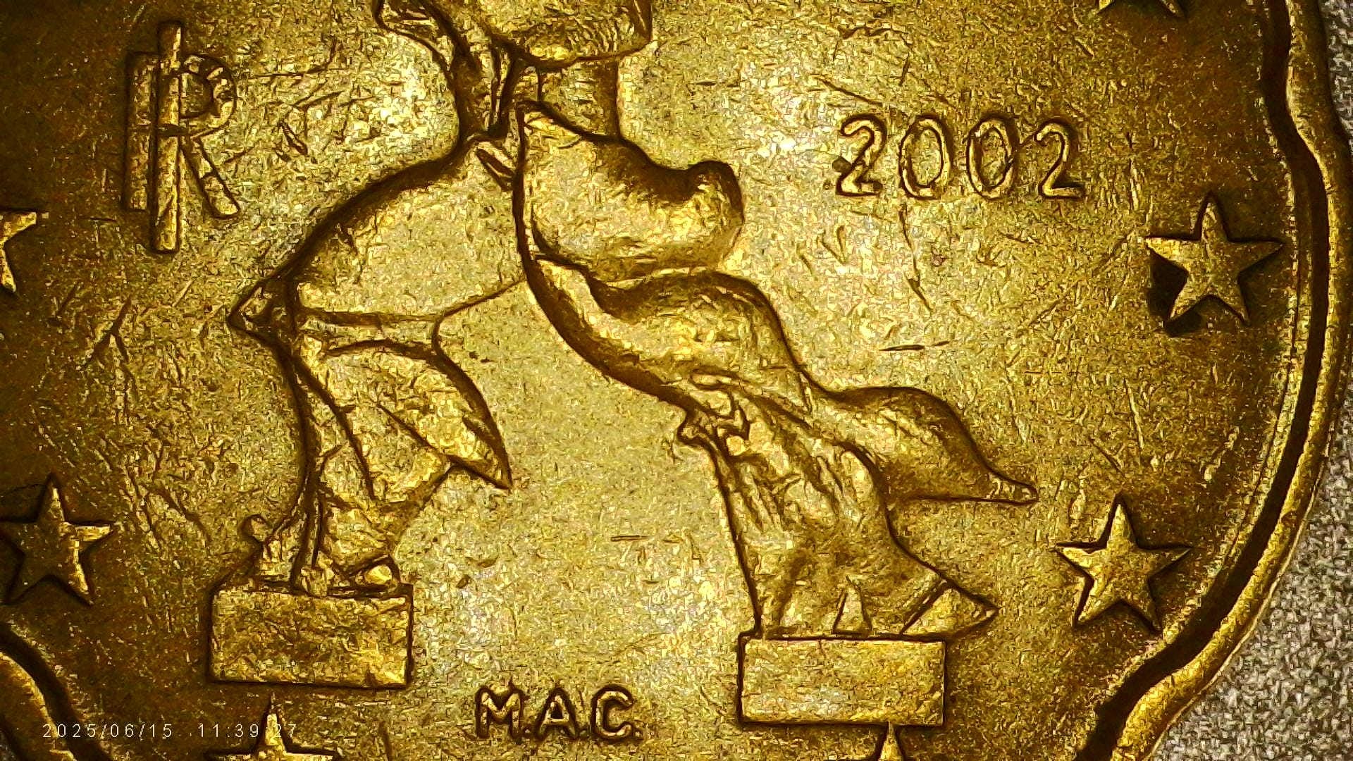 20セント イタリア 2002年 エラーコイン 強力なダブルリム、シフト